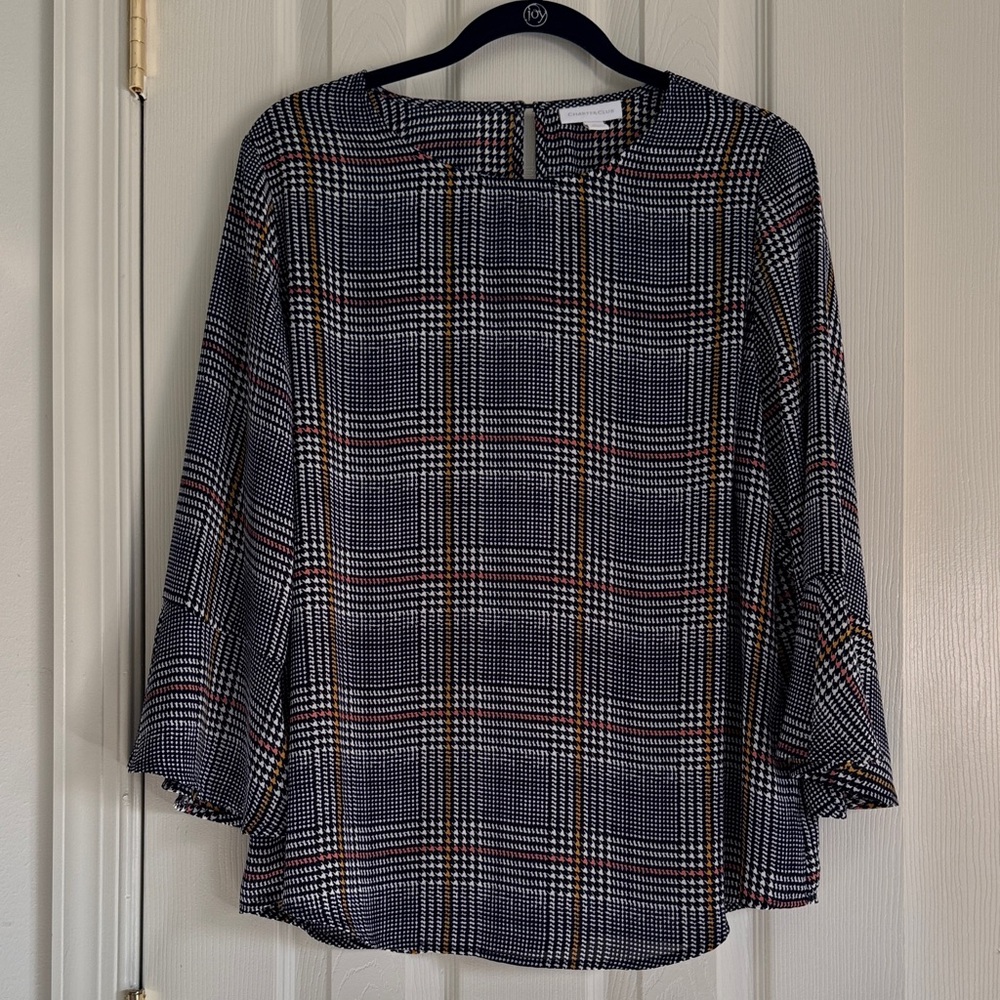 Charter Club Plaid Flutter Sleeve Blouse Black Red Mustard - L